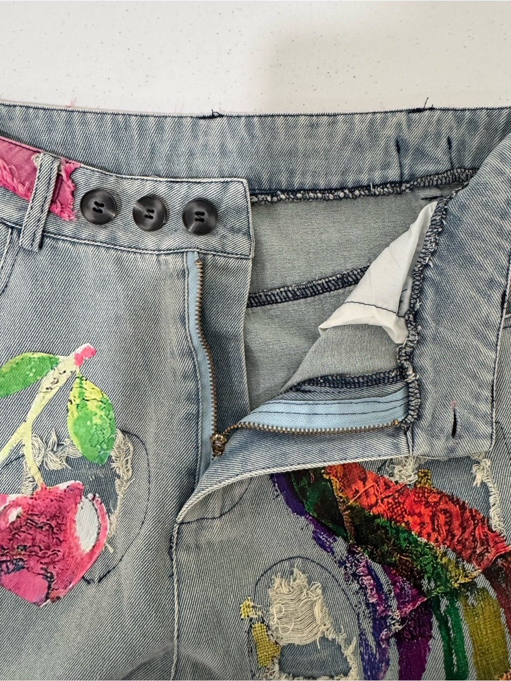 Hippie Indie Folk Art to Wear Festival Graffiti Floral Drop Crotch Jeans Medium - Picture 9 of 14